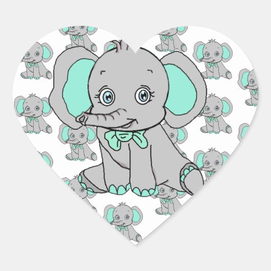 Sticker Cœur Baby shower éléphant Gris et Turquoise (Devant)