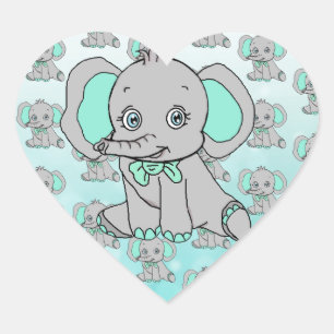 Sticker Cœur Baby shower éléphant Gris et Turquoise