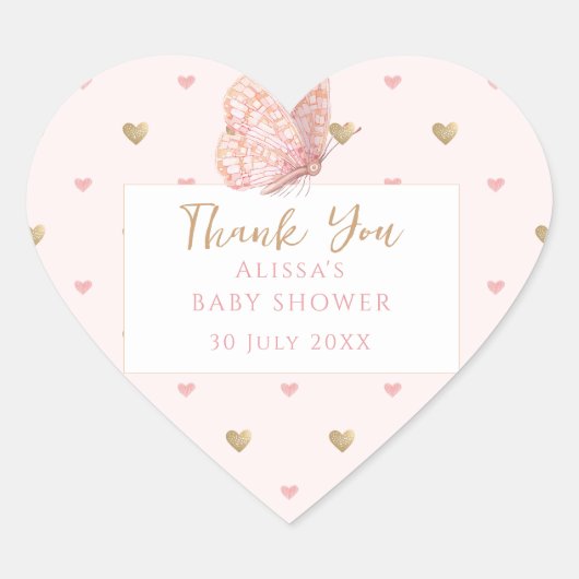 Sticker Cœur Baby shower rose papillon Merci (Devant)
