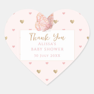 Sticker Cœur Baby shower rose papillon Merci