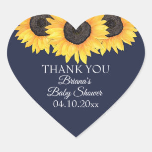 Sticker Cœur Baby Shower Thème Tournesol Rustique Bleu Marine