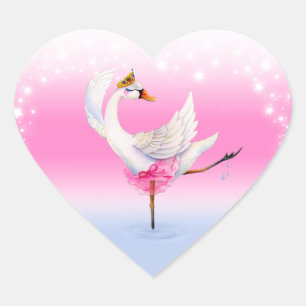 Sticker Cœur Ballet dansant cygne blanc sur lac aquarelle art