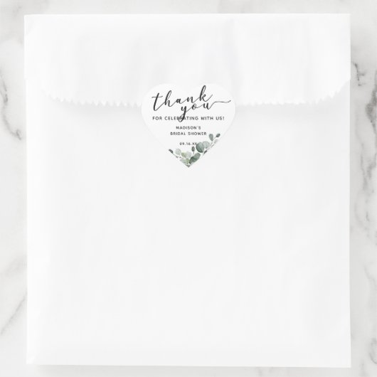 Sticker Cœur Baptême de mariage Merci Eucalyptus Aquarelle (Sac)