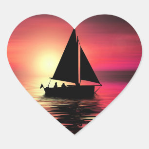 Sticker Cœur Bateau à voile au coucher du soleil sur la mer - C