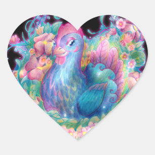 Sticker Cœur Beau poulet et fleurs