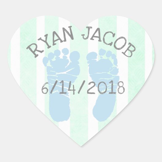 Sticker Cœur Bébé bleu vert Faire-part Empreintes (Devant)