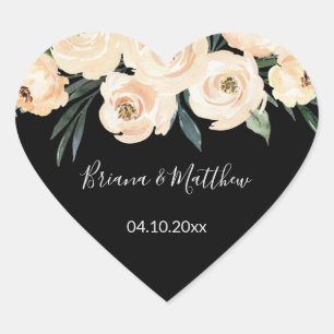 Sticker Cœur Beige floral sur Noir mariage favorise coeur