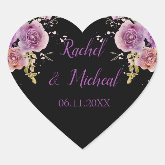Sticker Cœur Belle Mariage d'aquarelle violette et noire (Devant)