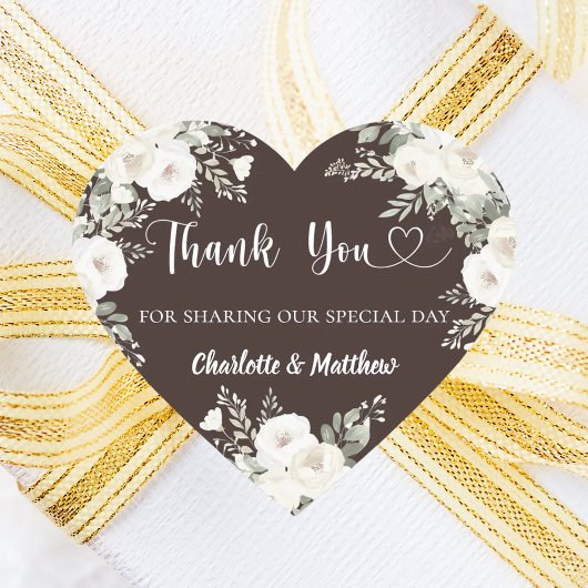 Sticker Cœur Bister brown white florals coeur merci mariage