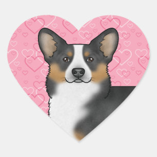 Sticker Cœur Black Tri Pembroke Welsh Corgi Coeurs d'amour rose