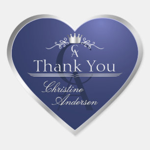 Sticker Cœur Bleu marine avec cadre argenté et monogramme Merci