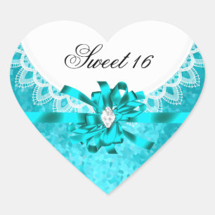 Sticker Cœur Bleu sarcelle Sweet Sixteen Sweet 16 dentelle blan