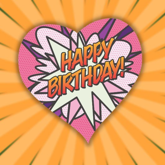 Sticker Cœur BONJOUR D'ANNIVERSAIRE Fun Retro Comic Book Pink