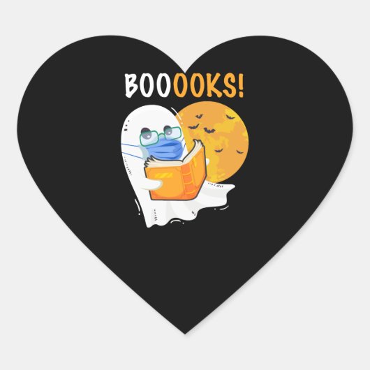 Sticker Cœur Boooks Halloween Ghost reading books and wearing (Devant)