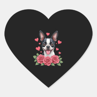Sticker Cœur Boston Terrier with Red Roses Hearts Valentine�s D