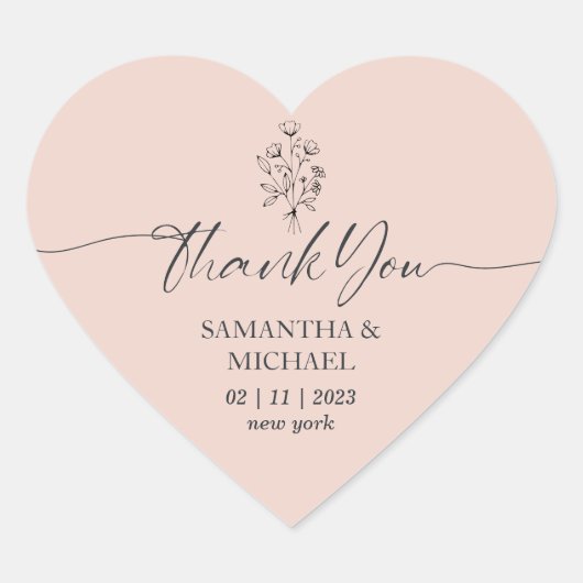 Sticker Cœur Bouquet de fleurs roses Signature Mariage Merci (Devant)