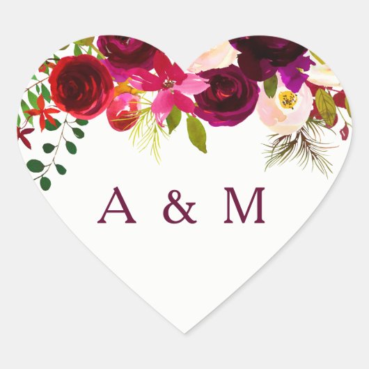 Sticker Cœur Bourgogne Floral Boho toutes les occasions faveur (Devant)
