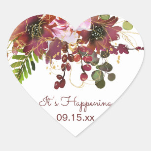 Sticker Cœur Bourgogne Or Blush Rose Floral Enregistrer La Date