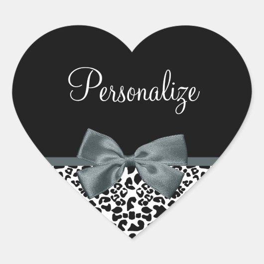 Sticker Cœur Bow gris Empreinte de léopard sophistiqué avec nom (Devant)
