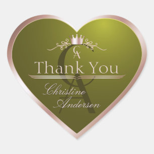 Sticker Cœur Cadre en rose gold et monogramme Merci en vert oli
