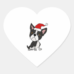 Sticker Cœur Caricature de Noël du mignon Boston Terrier à Sant