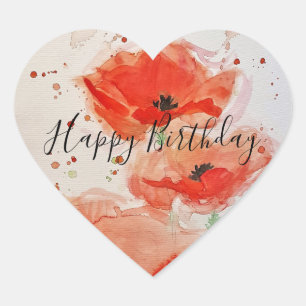 Sticker Cœur Carte d'Aquarelle Plat Anniversaire Rouge Lumineux