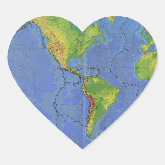 Sticker Cœur Carte du monde physique 1994 - Plaques tectoniques (Devant)