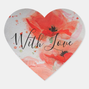 Sticker Cœur Carte plate d'anniversaire aquarelle Coquelicots r