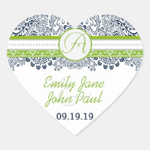 Sticker Cœur Cartes d'invitation de mariage Navy Apple Green Gr