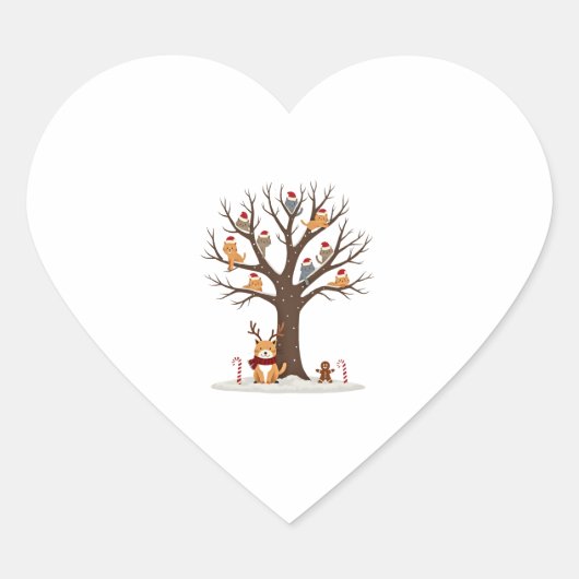 Sticker Cœur Cats In Snow Tree Winter Christmas Santa Hat X-mas (Devant)
