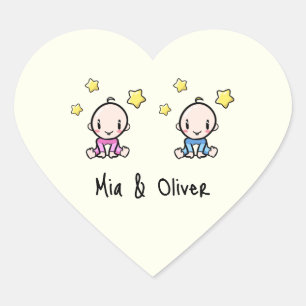Sticker Cœur C'est Twins!, Pink & Blue Personnalisé Twin Babies