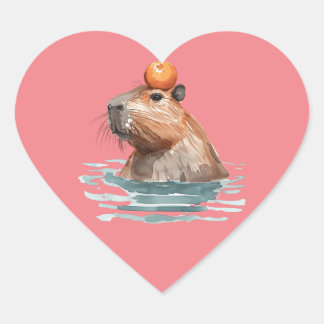 Sticker Cœur Charmante Cute Capybara avec Orange