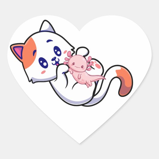 Sticker Cœur Chat et Axolotl Kawaii Neko Anime (Devant)
