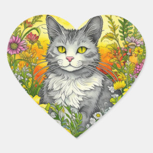 Sticker Cœur Chat et Fleurs Whimsical