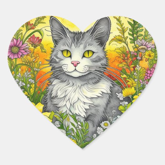Sticker Cœur Chat et Fleurs Whimsical (Devant)