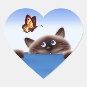 Sticker Cœur Chat et papillon