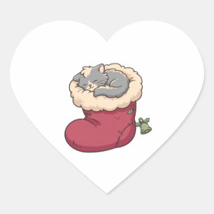Sticker Cœur Chat Gris Douillet dans un Bas de Noël