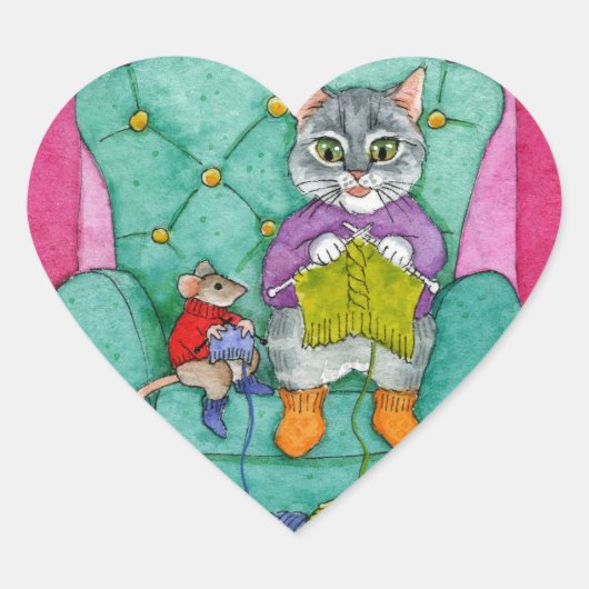 Sticker Cœur Chat mignon et souris adorent tricoter des autocol (Devant)