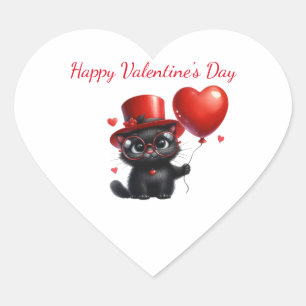 Sticker Cœur Chat noir drôle avec ballons Saint-Valentin