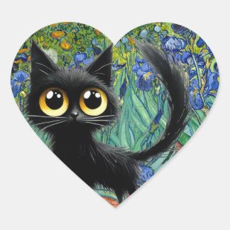 Sticker Cœur Chat noir écossais dans un champ d'Irises pourpres