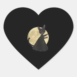 Sticker Cœur Chat noir et Pleine lune Halloween nuit