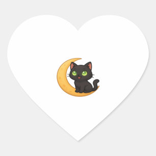 Sticker Cœur Chat noir souriant aux yeux verts brillants assis