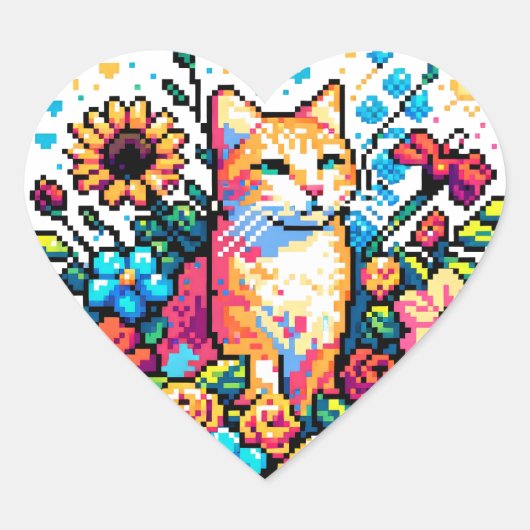 Sticker Cœur Chat orange en Fleurs Pixel Art (Devant)
