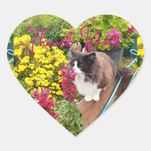 Sticker Cœur Chat tuxedo noir blanc Fleur rouge jaune Merci