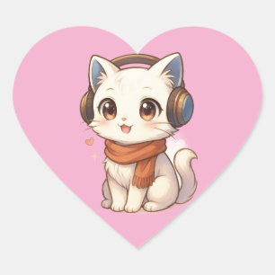 Sticker Cœur chaton casque Kawaii Kitten en rose