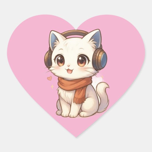 Sticker Cœur ​ chaton casque Kawaii Kitten en rose (Devant)