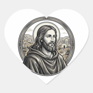 Sticker Cœur Chemise de portrait religieux gravée vintage