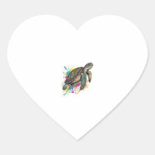Sticker Cœur Chemise Vintage Gravure Tortue de Mer Color Splash