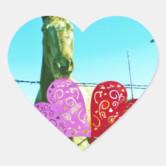 Sticker Cœur Cheval blond et Coeurs rose et rouge (Devant)