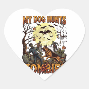 Sticker Cœur Chien chasse les zombies Halloween Berger allemand